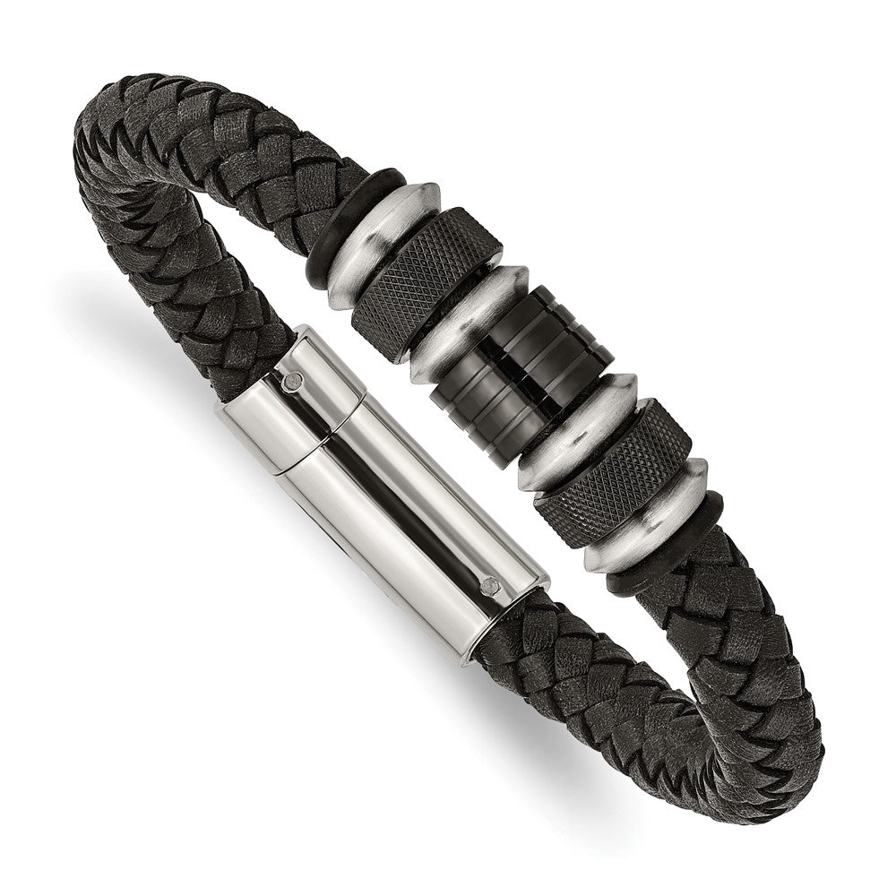 Stainless Steel Brushed & Polished Black IP Leather & Rubber Bracelet 8.5 inches