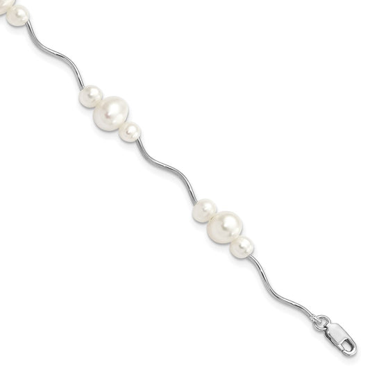 Sterling Silver Rhodium-plated 3-6mm White Near-Round Freshwater Cultured Pearl 7.25 inch Bracelet 7.25 inches