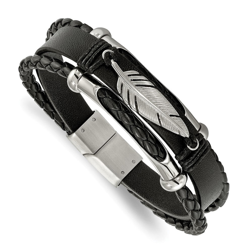 Stainless Steel Polished Feather Black Leather Multi-Strand 8.25in Bracelet 8.25 inches