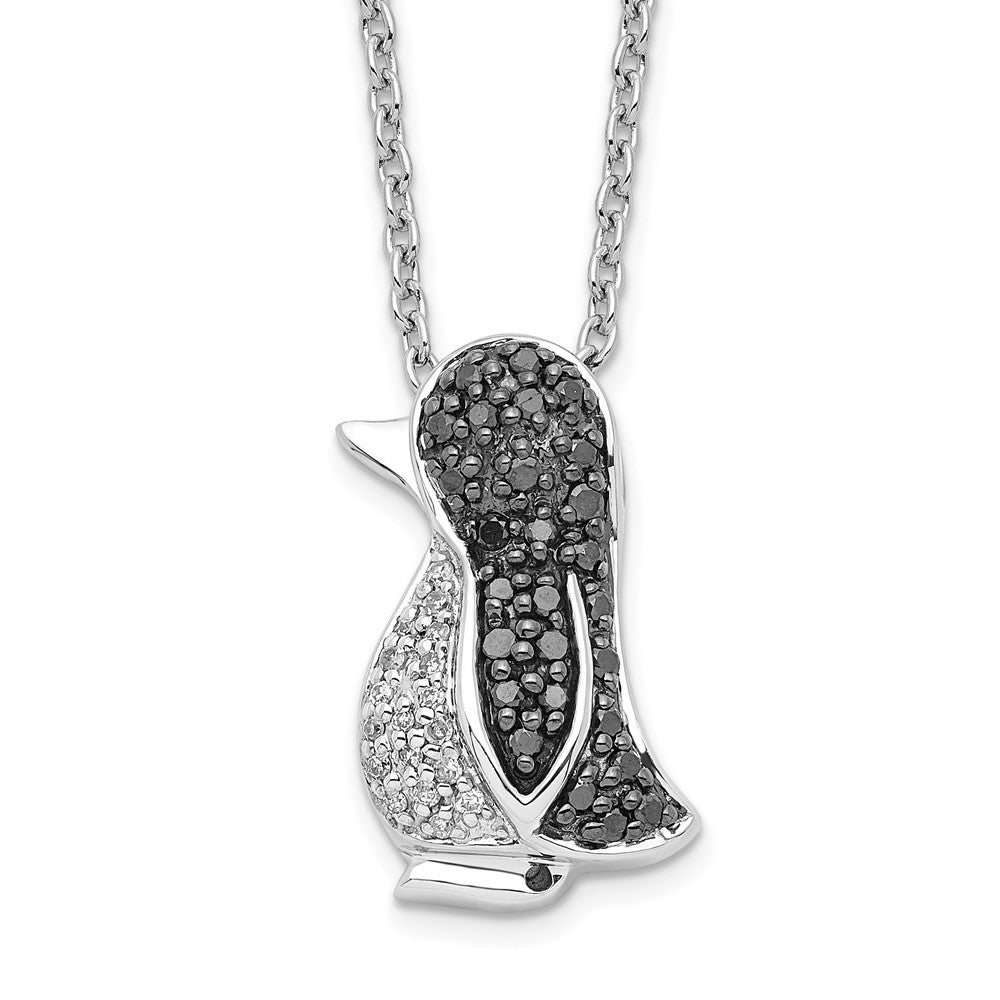 White Night Sterling Silver Rhodium-plated Black and White Diamond Penguin 18 Inch Necklace with 2 Inch Extender 18 Inches