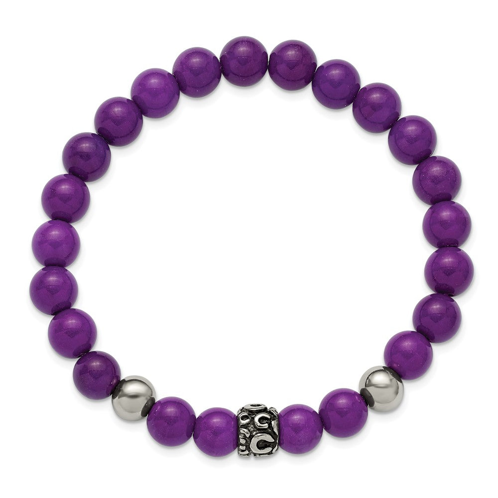 Chisel Stainless Steel Antiqued and Polished 8mm Purple Stone Beaded 7 inch Stretch Bracelet 7 inches