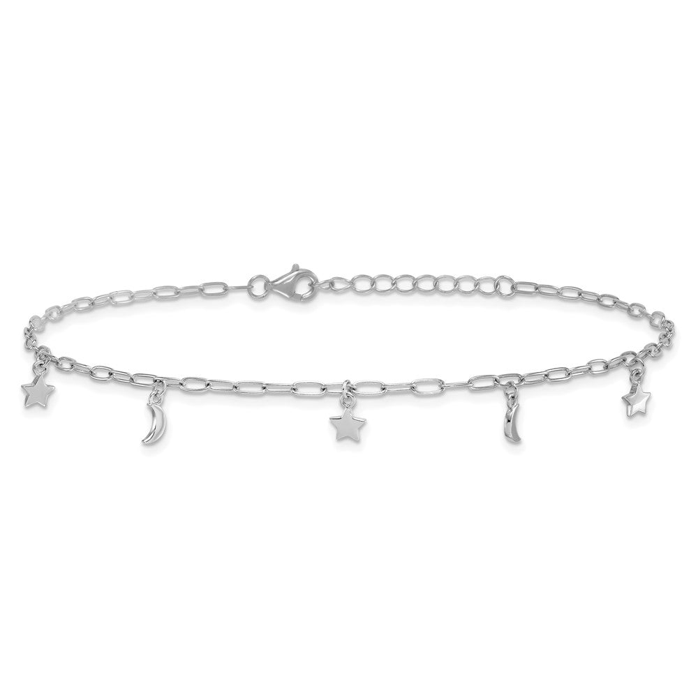 Sterling Silver Rhodium-plated Polished Moon and Star Dangles 9 Inch with 1 Inch Extension Anklet