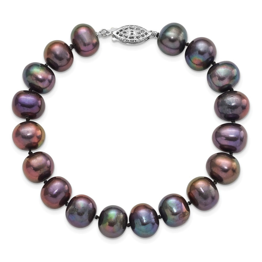 Sterling Silver Rhodium-plated 9-10mm Black Near-Round Freshwater Cultured Pearl 7.25 inch  Bracelet 7.25 inches