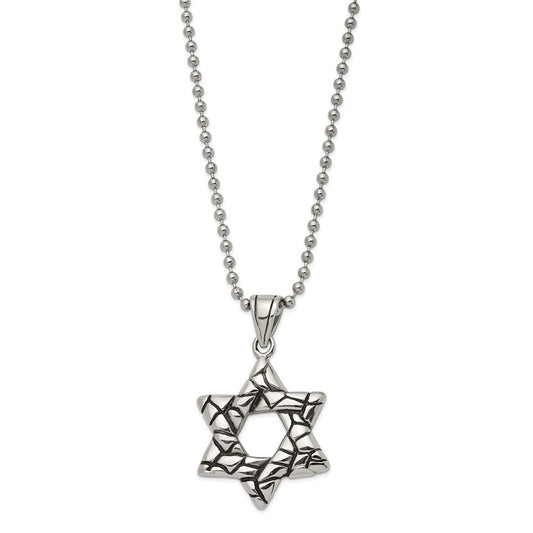 Stainless Steel Antiqued and Polished Star of David 24in Necklace