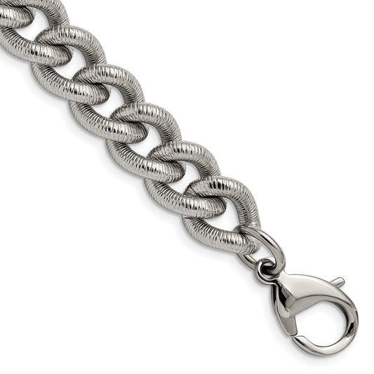 Stainless Steel Polished and Textured 14.5mm Curb 8.25in Bracelet 8.25 inches