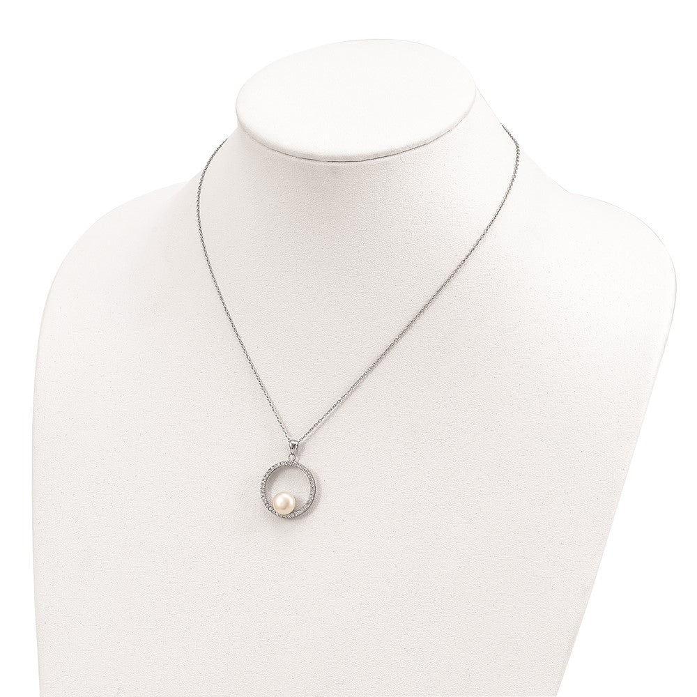 Sterling Silver Rhodium-plated 8-9mm White Button Freshwater Cultured Pearl and CZ 17 inch Necklace 17 Inches