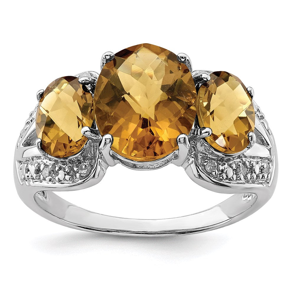 Sterling Silver Rhodium Checker-Cut Whiskey Quartz & Diam. Ring