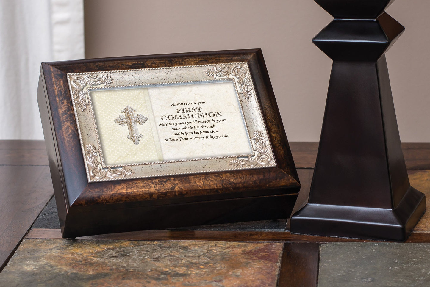 8" Ivory and Brown First Communion Italian Style Music Box