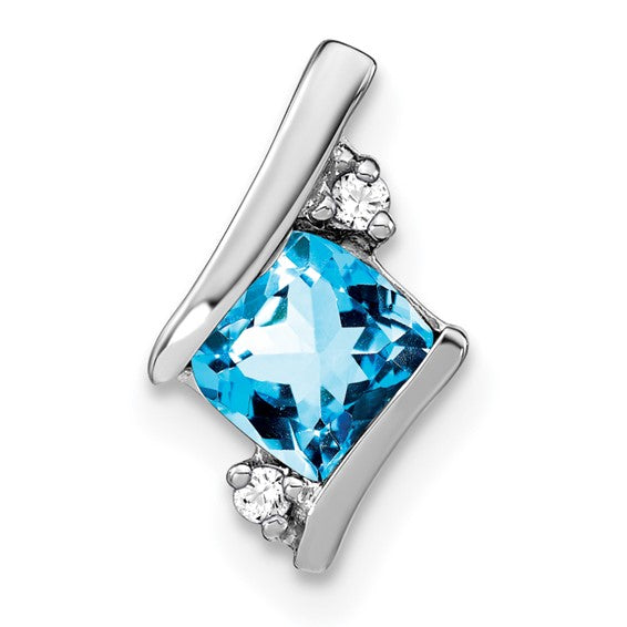 Sterling Silver Antique Cushion Blue Topaz and Diamond Pendant