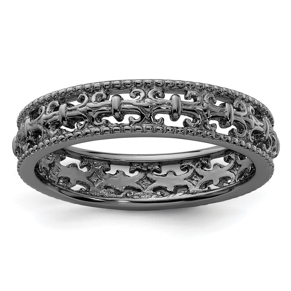 Sterling Silver Stackable Expressions Black-plated Carved Band Size -5