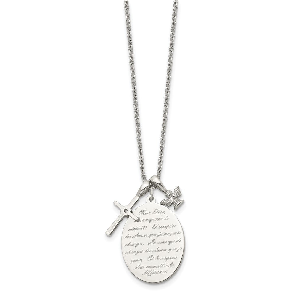 Stainless Steel Polished Serenity/French Prayer CZ Cross w/2in ext Necklace