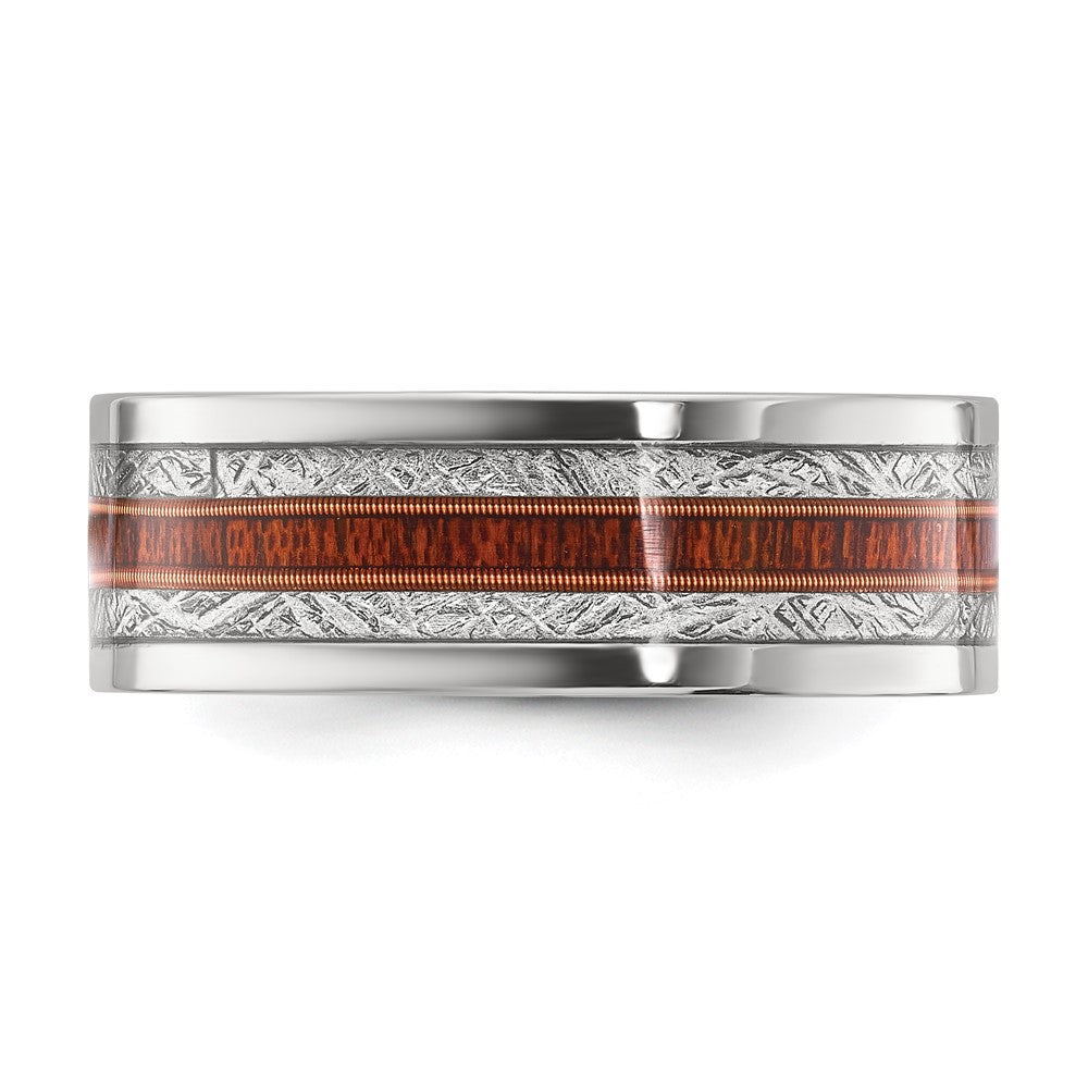 Chisel Stainless Steel Polished with Wood and Imitation Meteorite Inlay 8mm Band Size - 8