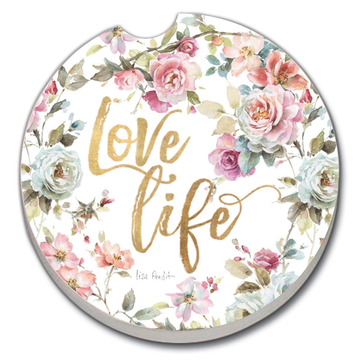 CounterArt "Beautiful Romance" 1 Pack Absorbent Stone Coaster for Vehicle Cup Holder 2.6” Diameter