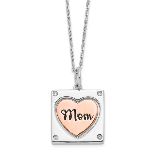 Sterling Silver RH-plated Rose-tone MOM/LOVE Heart Center Spins CZ w/2in ex 16 Inches