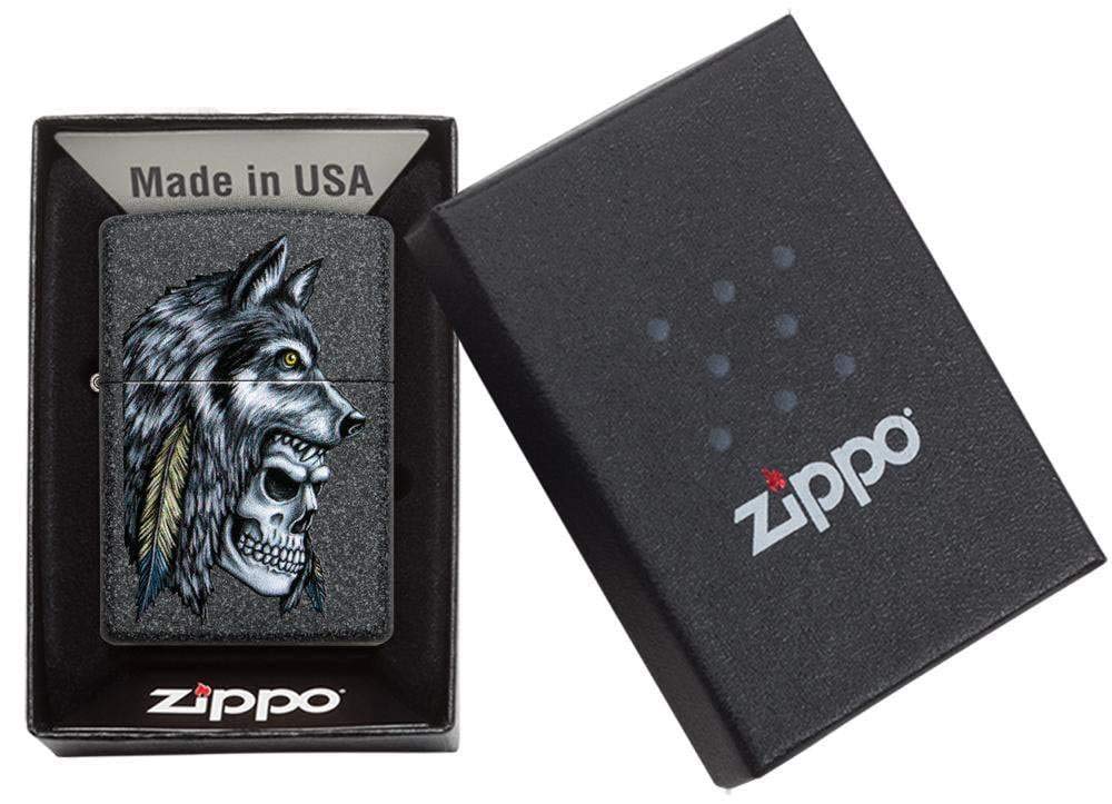 Zippo Wolf Skull Feather Design Iron Stone Pocket Lighter