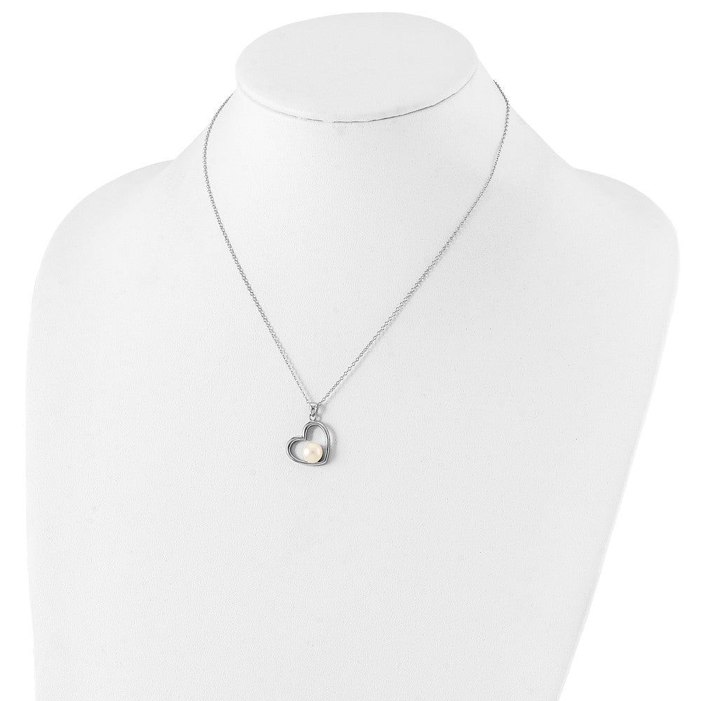 Sterling Silver Rhodium-plated 7-8mm White Button Freshwater Cultured Pearl Heart 17 inch Necklace 17 Inches