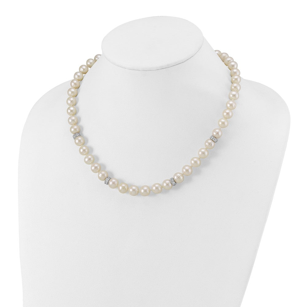Sterling Silver Rhodium-plated 9-10mm White Near-Round Freshwater Cultured Pearl and CZ 18 inch Necklace 18 Inches