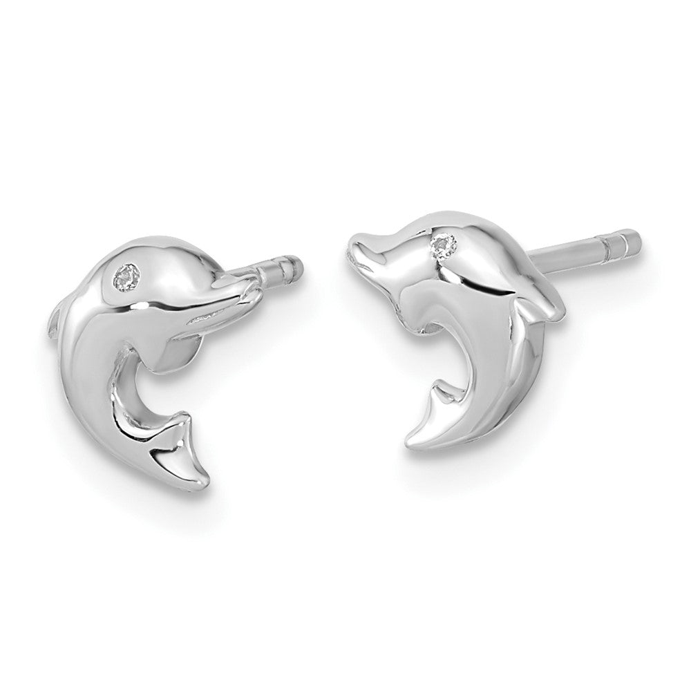 Sterling Silver RH-plated Polished CZ Dolphin Post Earrings