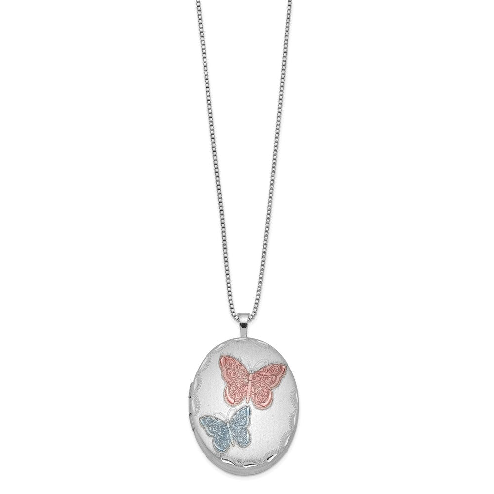 Sterling Silver RH-plated 26mm Enameled Butterfly Oval Locket Necklace 18 Inches
