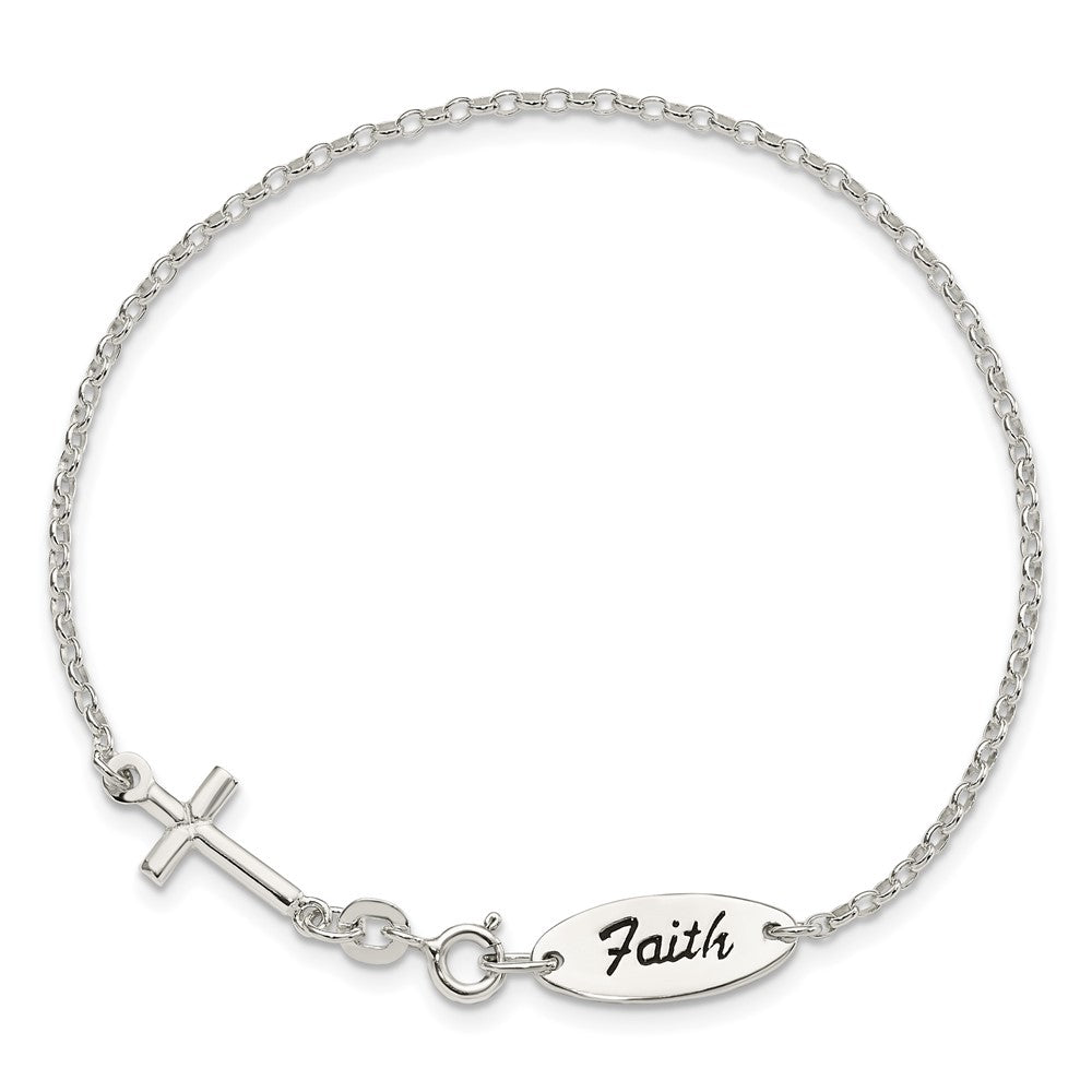 Sterling Silver Polished Enamel FAITH and Cross Bracelet 7.5 inches