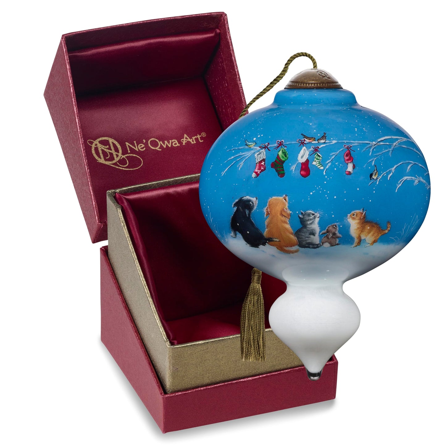 Neqwa Art We Wish You a Meow-y Christmas by Hazel Lincoln Hand-painted Glass Ornament