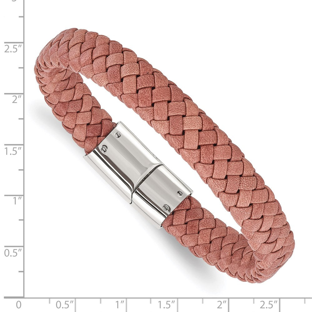 Stainless Steel Polished Woven Brown Leather 8.25in Bracelet 8.25 inches