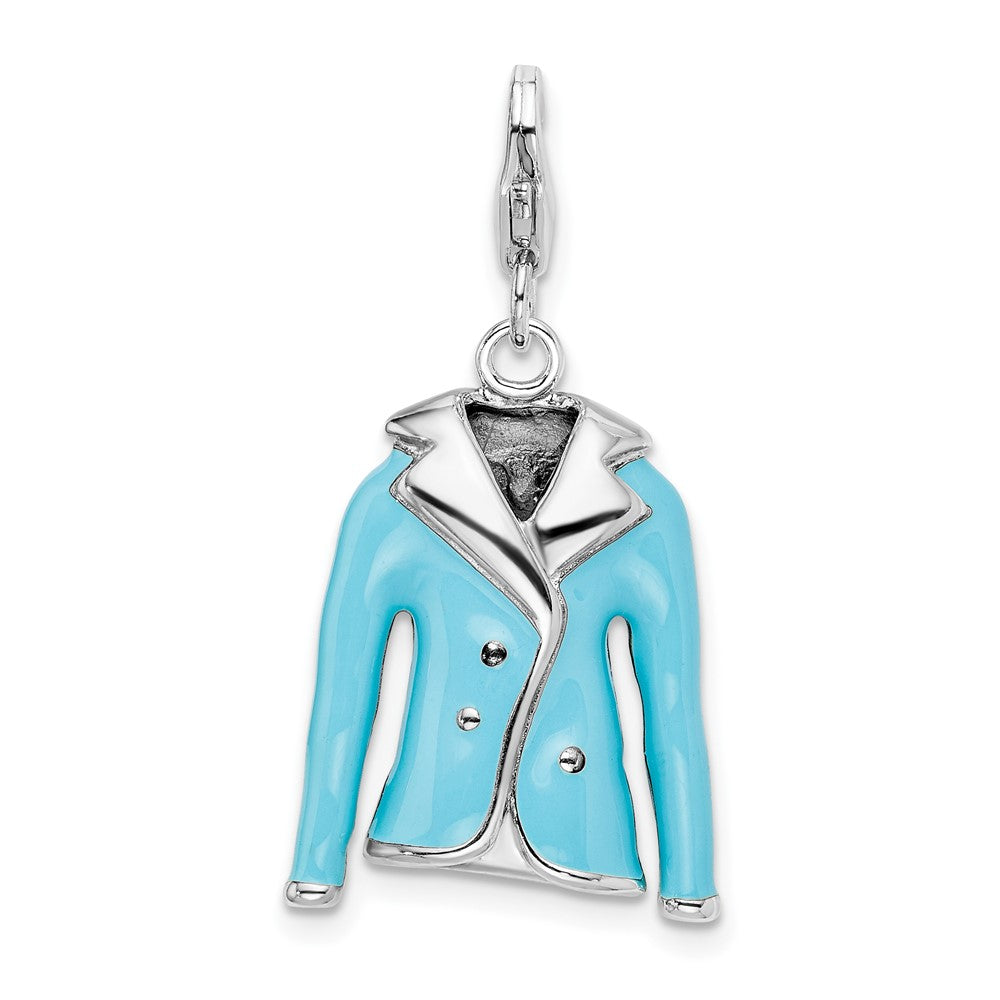Amore La Vita Sterling Silver Rhodium-plated Polished 3-D Blue Enameled Jacket Charm with Fancy Lobster Clasp