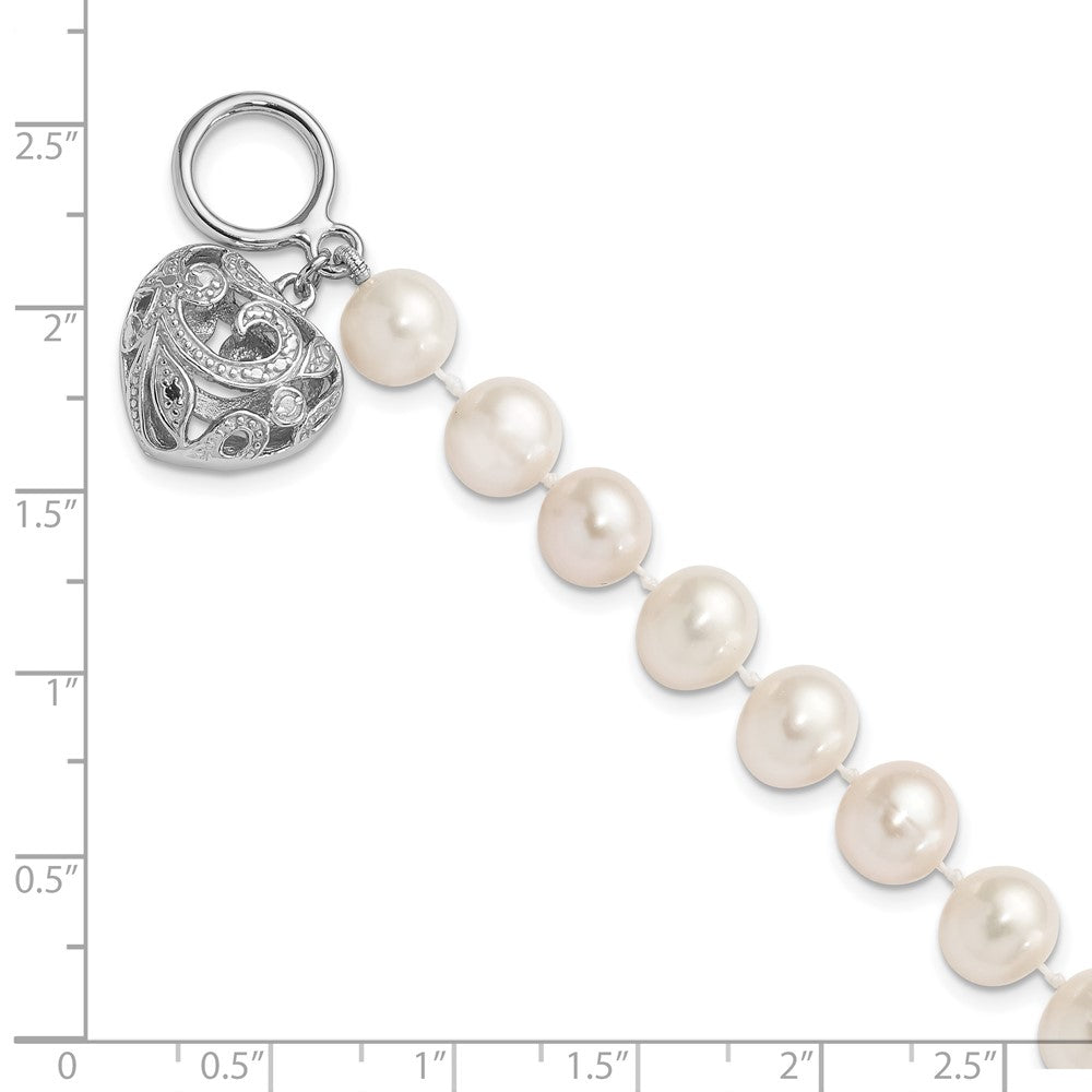 Sterling Silver Rhodium-plated 8-9mm White Near-Round Freshwater Cultured Pearl Heart Toggle 7.5 inch Bracelet 7.5 inches