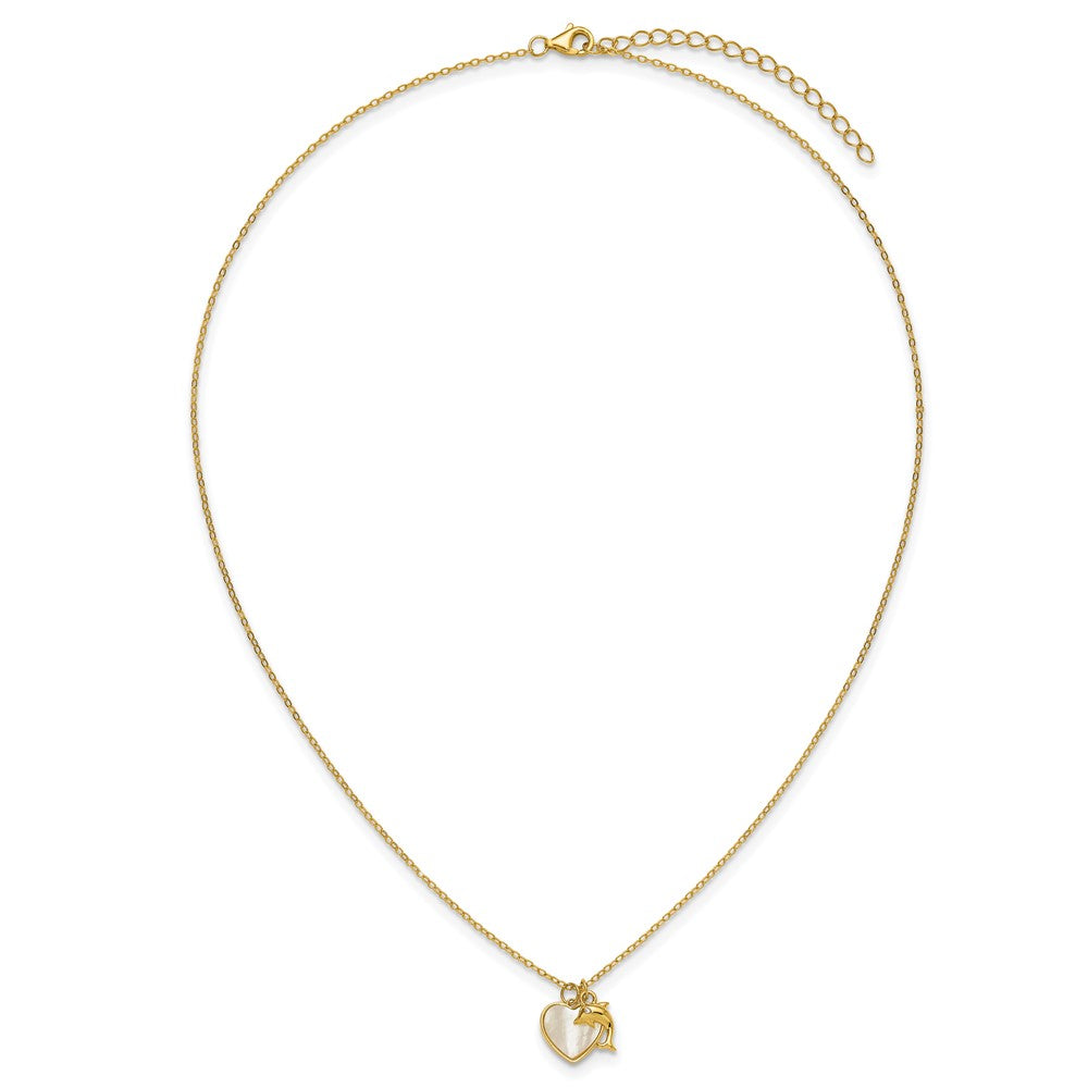 SS Gold-tone MOP and CZ Heart and Dolphin 16in w/2in Ext Necklace 16 Inches