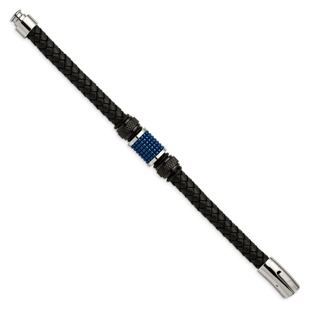 Stainless Steel Polished Black & Blue IP-plated Rubber & Leather Bracelet 8.5 inches