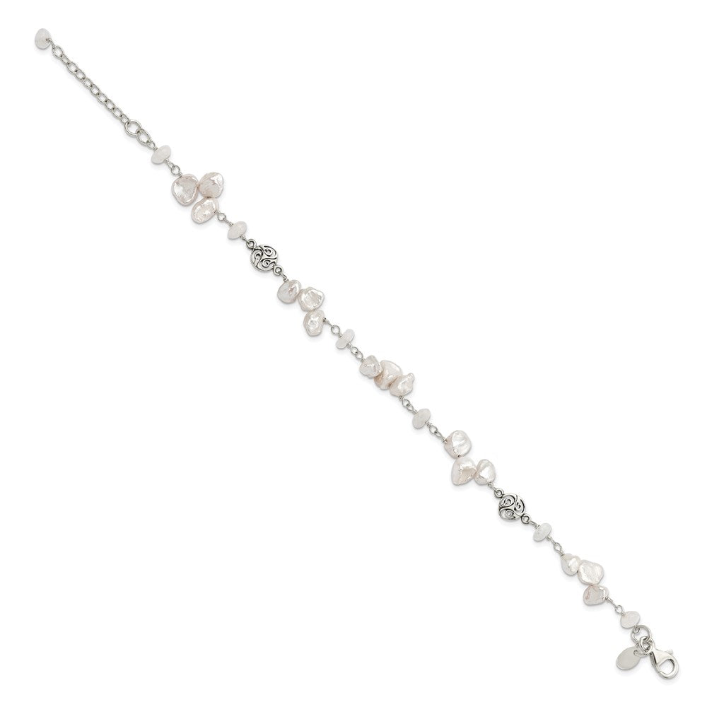 Sterling Silver FWC Keshi Pearl w/Moonstone 1in Ext. Fancy Bracelet 7.5 inches