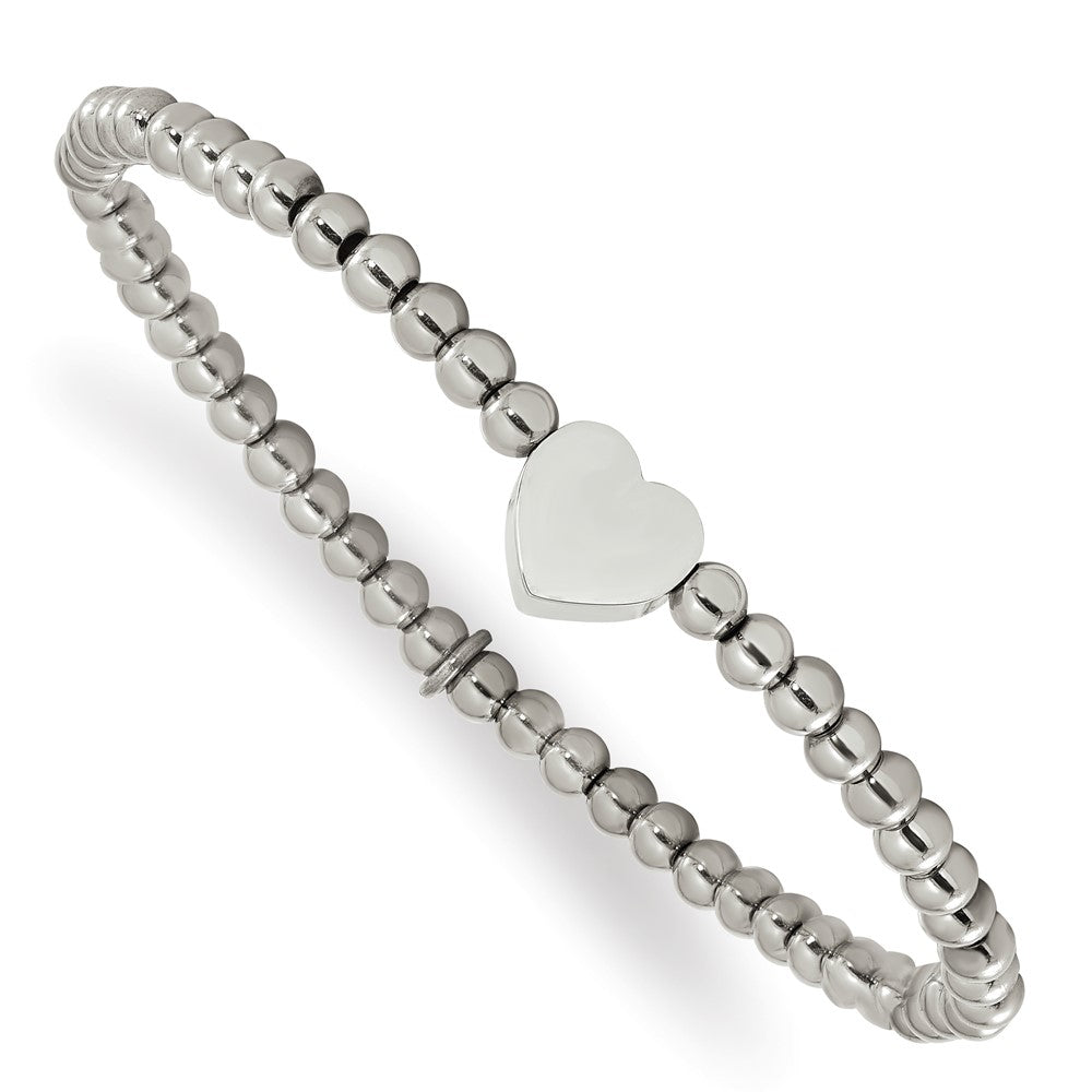 Stainless Steel Polished Heart Beaded Stretch Bracelet 6.5 inches