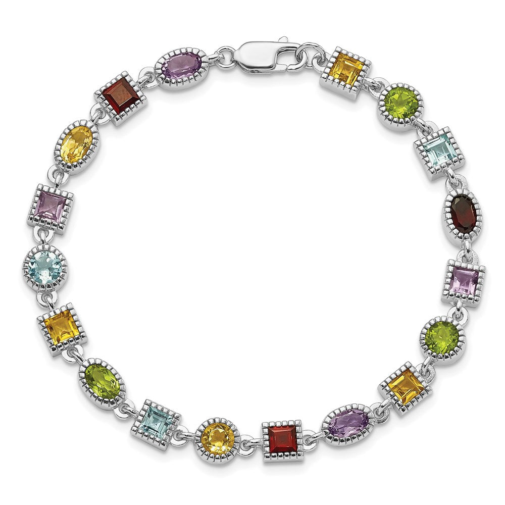 Sterling Silver 7inch Rhod Plated Rainbow Multi-gemstone Bracelet 7 inches