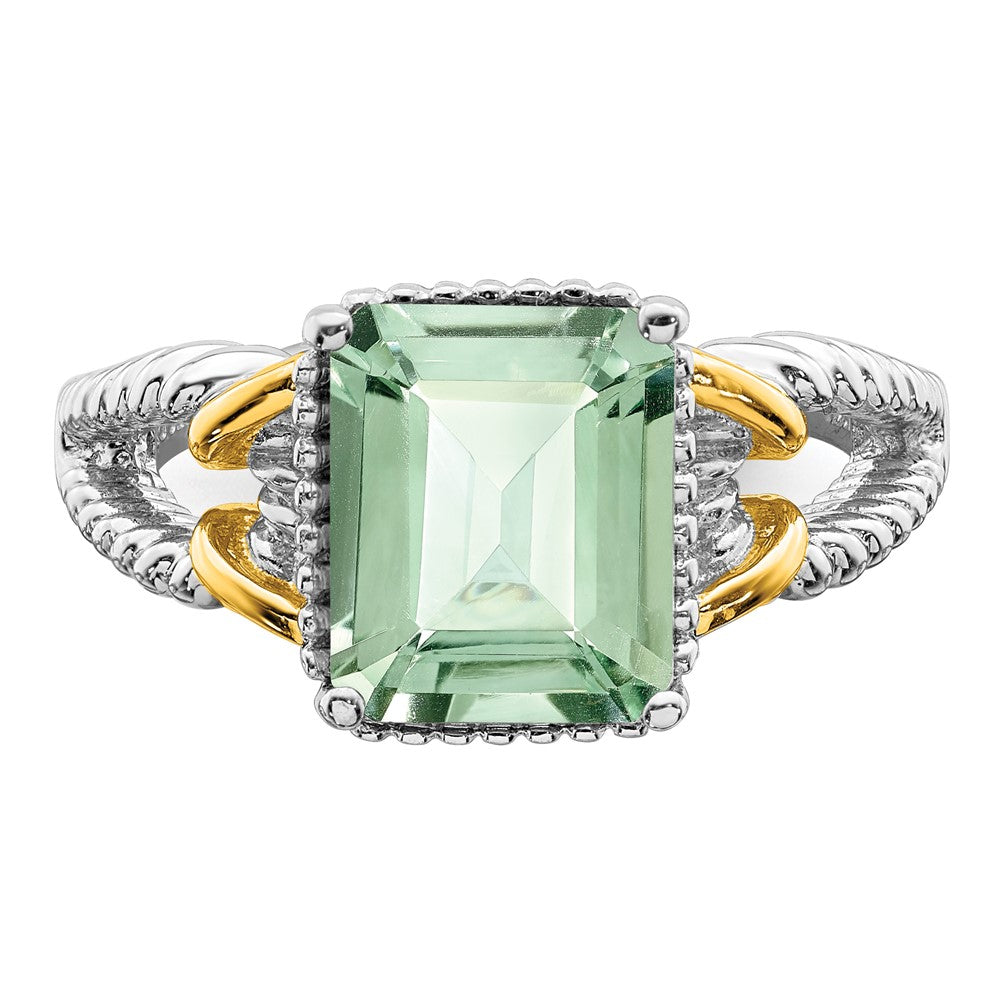 Sterling Silver Rhodium w/ Flash Gold-plate Green Quartz Ring
