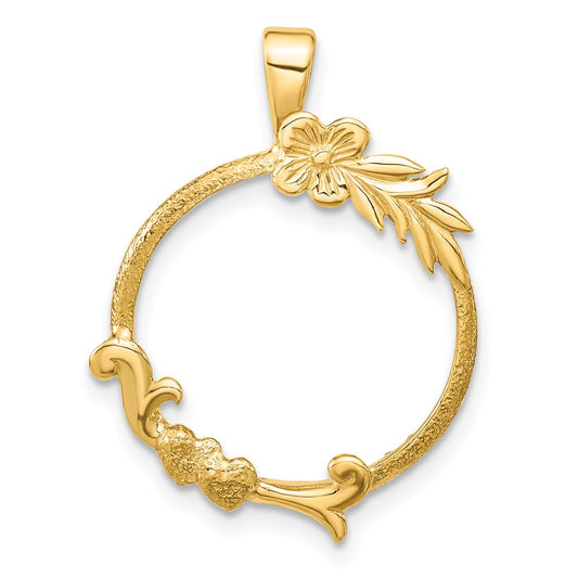 Wideband Distinguished Coin Jewelry 14k Polished and Satin Floral Design 16.5mm Prong Coin Bezel Pendant