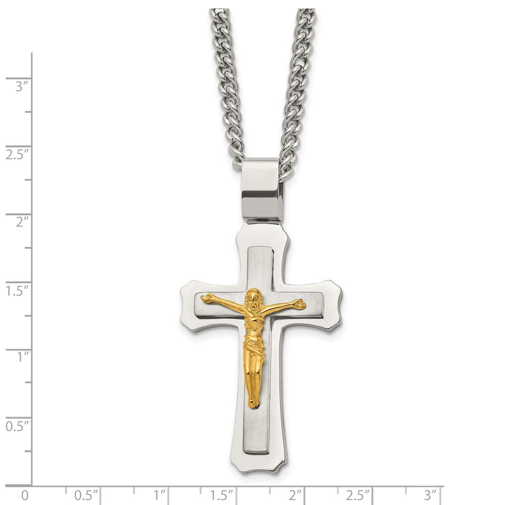 Stainless Steel Brushed and Polished Yellow IP-plated Crucifix Necklace