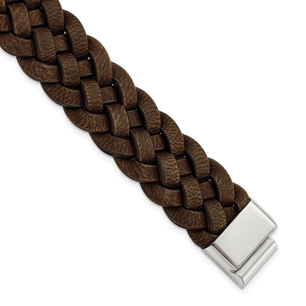 Stainless Steel Polished Woven Brown Leather 8.75in Bracelet 8.75 inches
