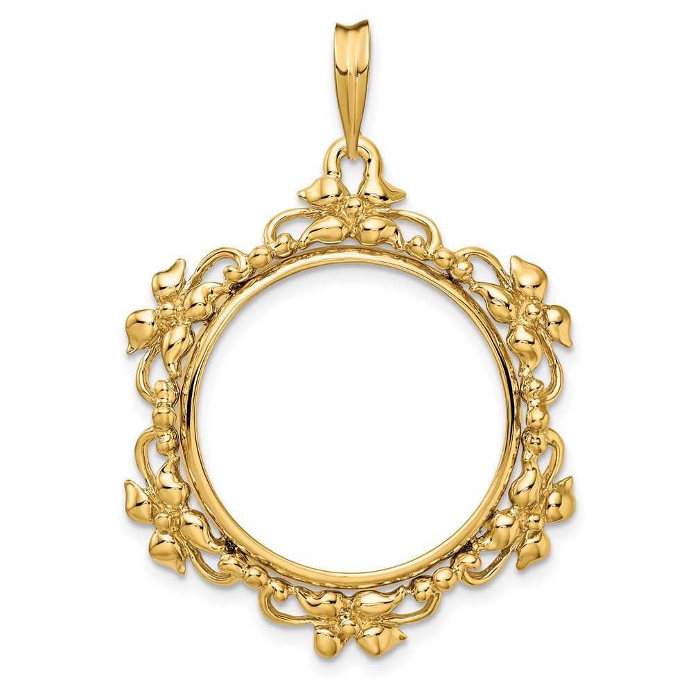 Wideband Distinguished Coin Jewelry 14k Polished Flower Blossom 22.0mm Prong Coin Bezel Pendant