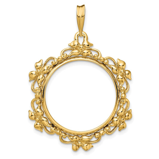 Wideband Distinguished Coin Jewelry 14k Polished Flower Blossom 22.0mm Prong Coin Bezel Pendant