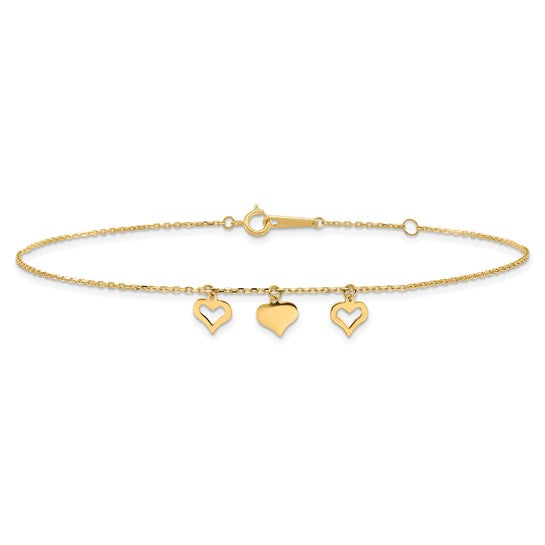 10k 3 Hearts 9in Plus 1in Extension Anklet