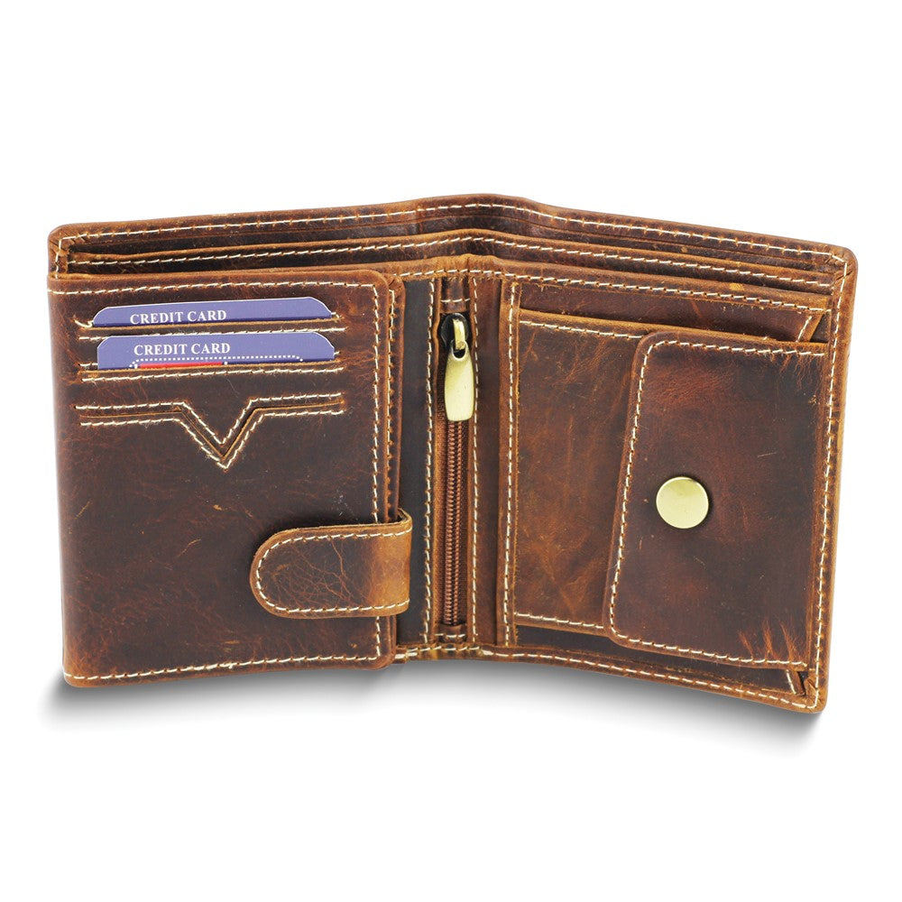 Brown Oiled Leather RFID Blocking Euro Wallet with Center Flap, Zippered Slot, and Snap Coin Pocket