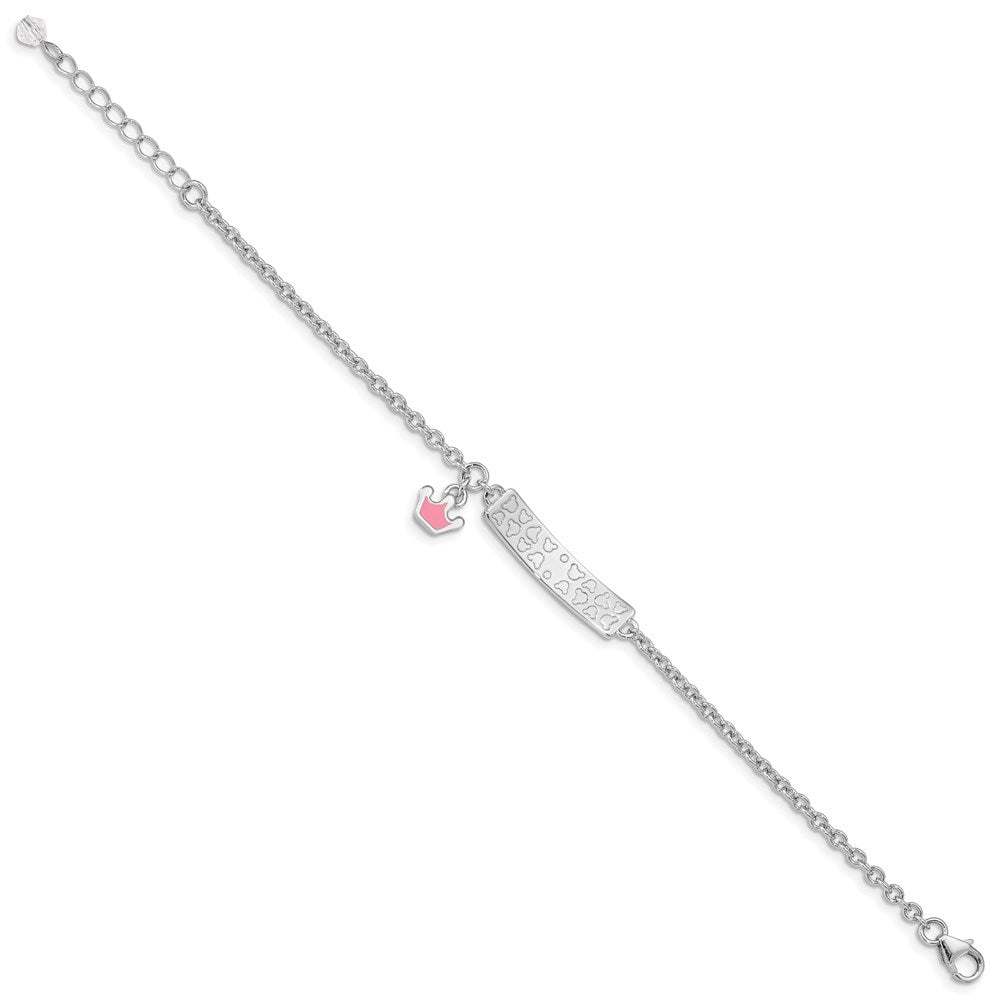 Sterling Silver Rhodium-plated Polished & Pink Enameled Crown with 1 Inch Extension Children's ID Bracelet 7 inches