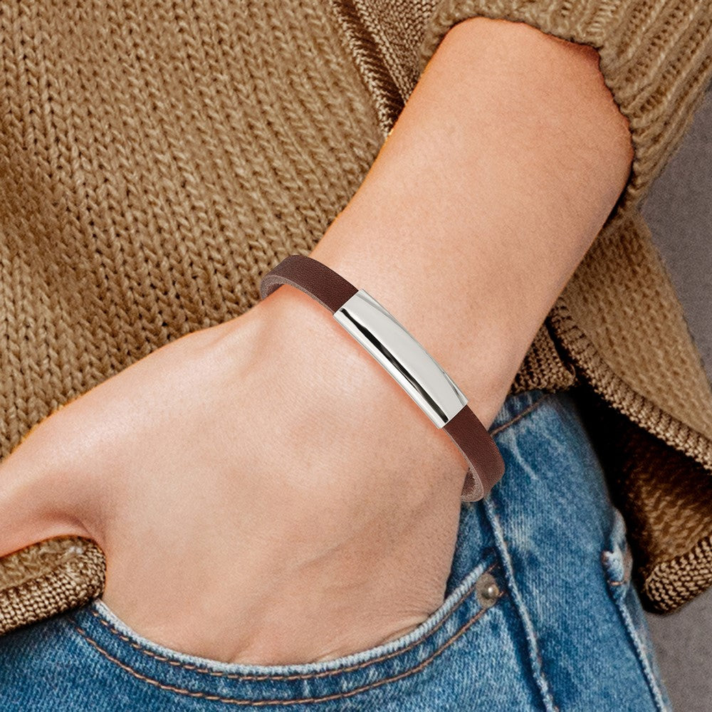 Stainless Steel Polished Brown Leather 8.5in ID Bracelet 8.5 inches