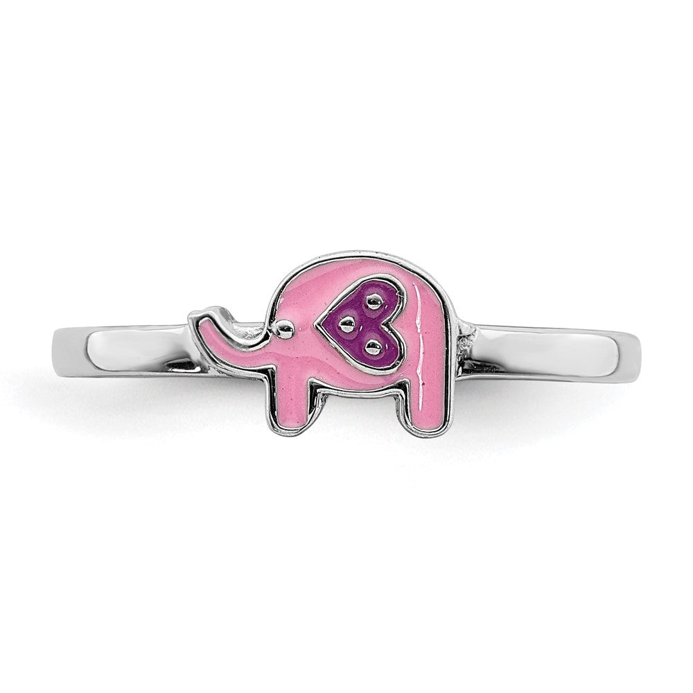 Sterling Silver Rhodium-plated Childs Enameled Pink Elephant Ring