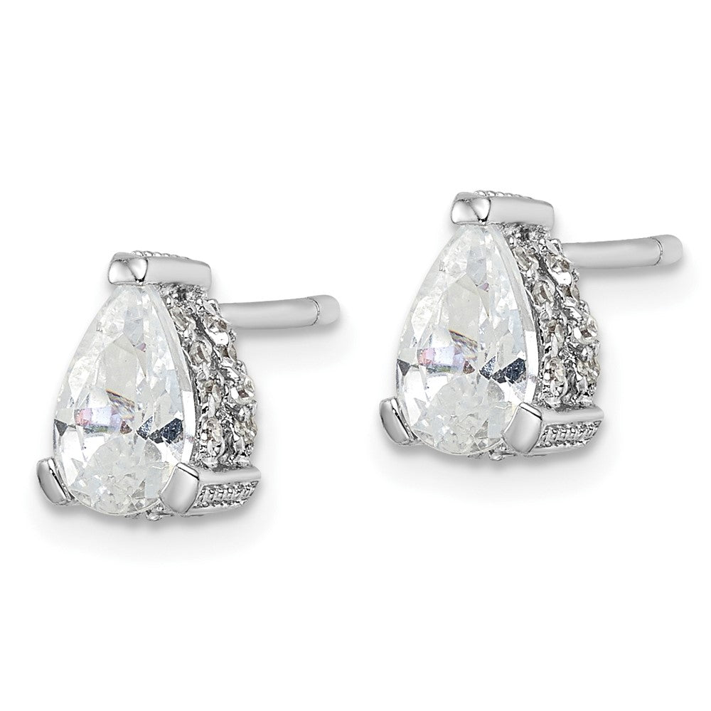 Cheryl M Sterling Silver Rhodium-plated Brilliant-cut Pear Shaped CZ with Pave Gallery Post Stud Earrings
