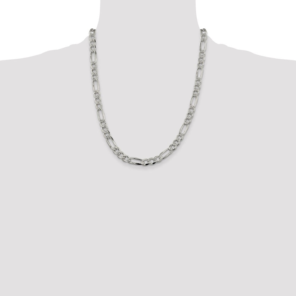 Sterling Silver 7.25mm Pav‚ Flat Figaro Chain 22 Inches