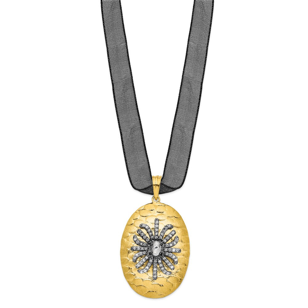 Sterling Silver Gold-tone CZ Pendant with Black Sheer Ribbon Necklace