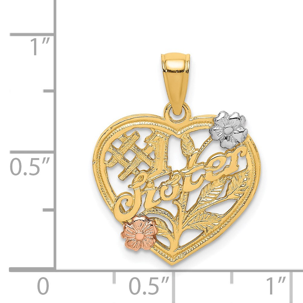 14k Two-tone White Rhodium SISTER On Heart w/ Flowers Charm