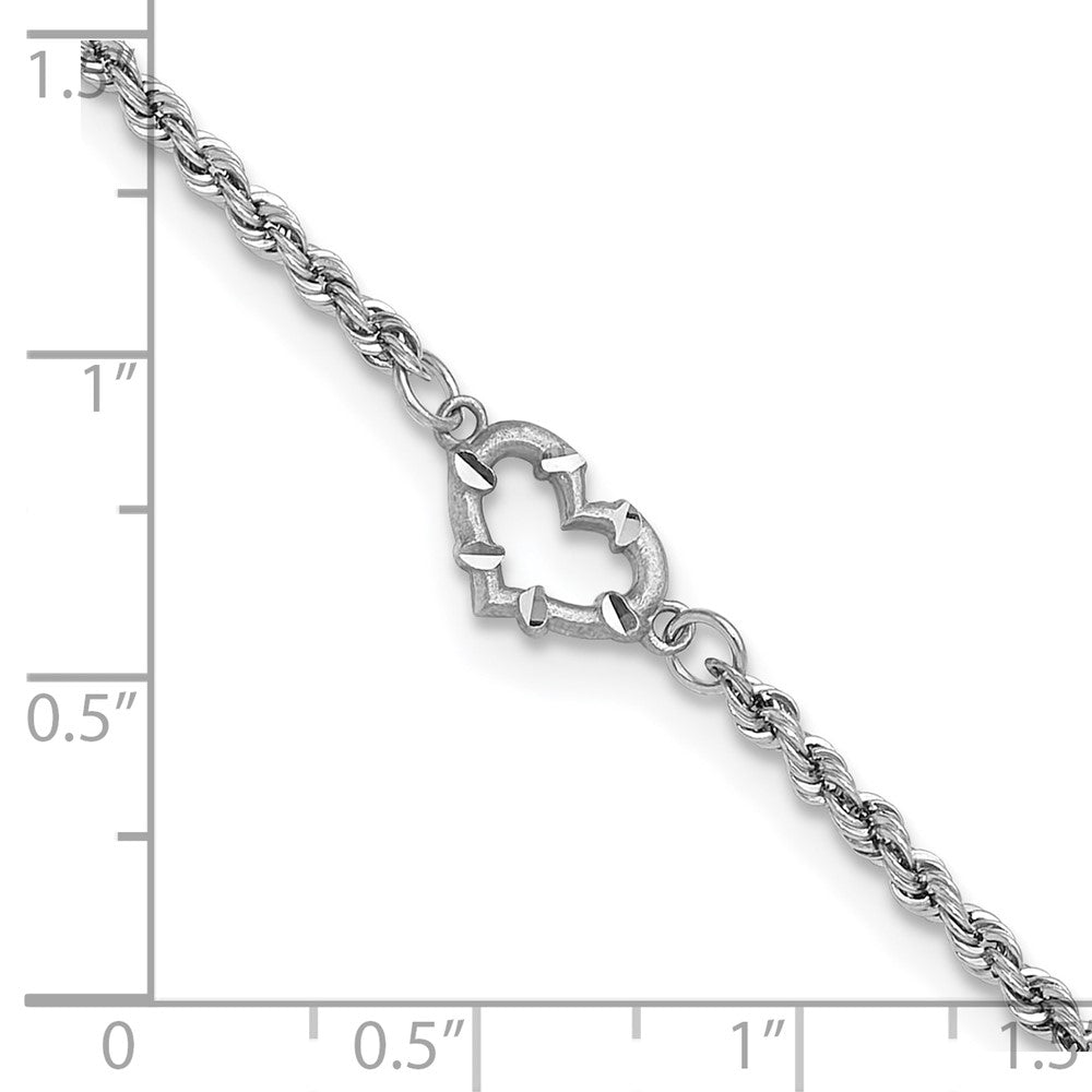 14k White Gold Diamond-cut Rope with Heart 10in Anklet 10 inches