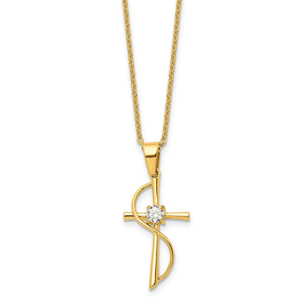 Stainless Steel Polished Yellow IP-plated w/CZ Cross 17.75in Necklace